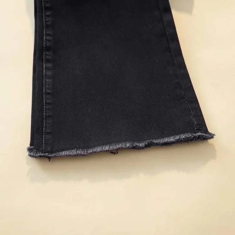 Black High-waisted Elastic Slimming Jeans For Women Micro Flared Straight Leg Loose Fit Wide Leg Fringebell Bottom Pants Trendy.