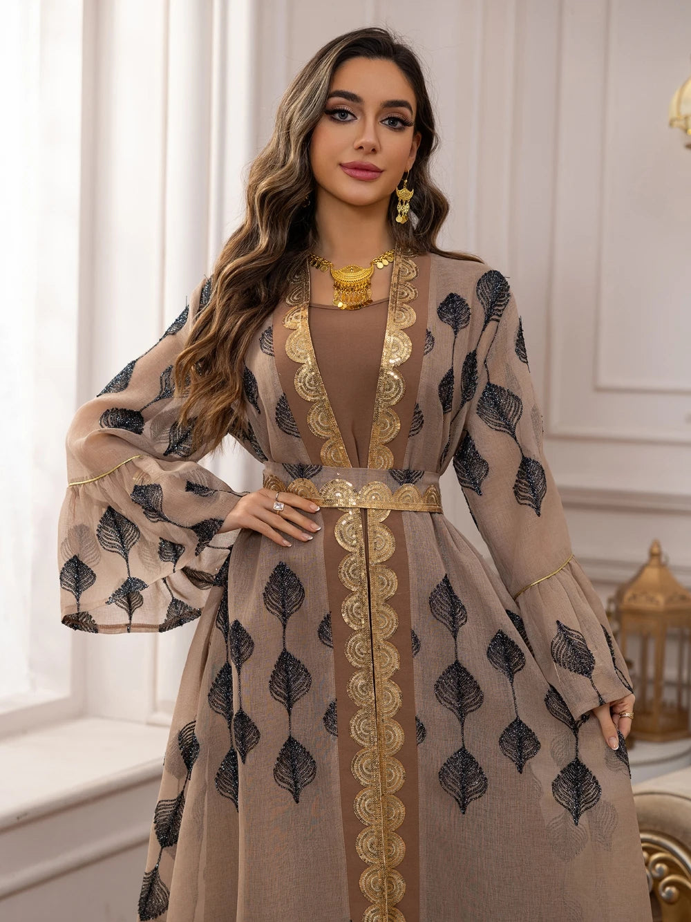 Khaki Sequined Dubai A Line Evening Dress Muslim Long Sleeves Two Pieces Women Wear Fast Shipping Dancing Party Prom Gown.