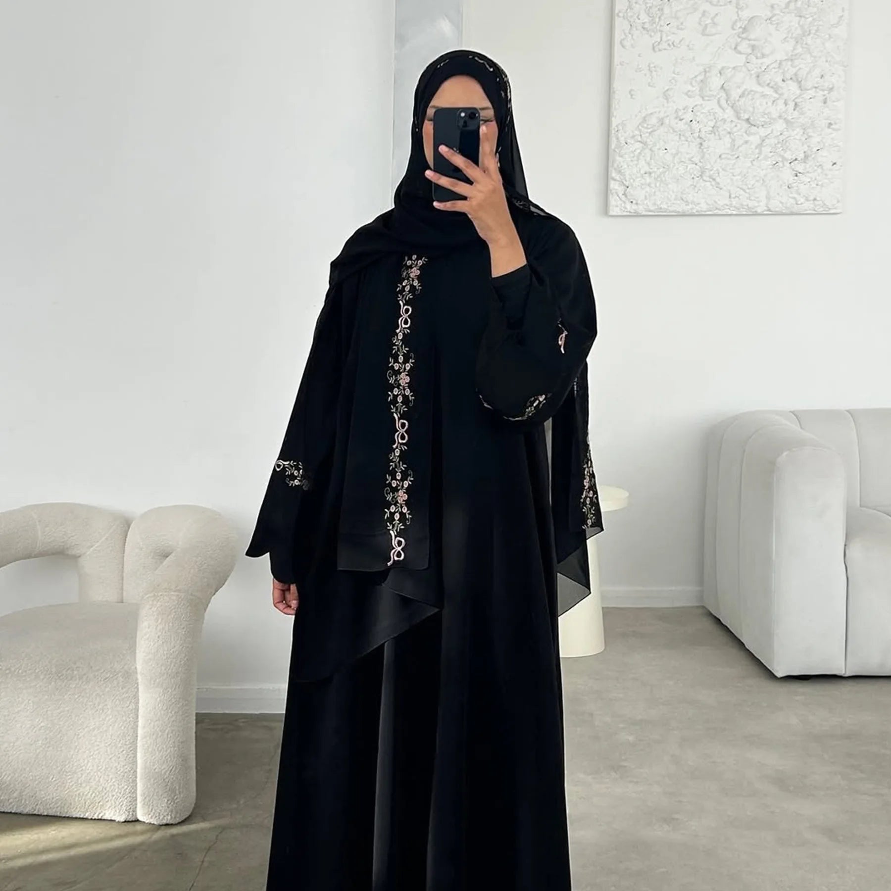 Front Open Abaya with Hijab 2 Piece Set Muslim Embroidery Abayas for Women Dubai Modest Islamic Clothing Kaftan Turkish Dresses.