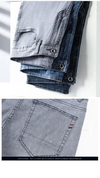 Brand Men's Fashion Summer Thin Jeans Comfortable Stretch Cotton Business Straight Casual Denim Pants Light Gray Blue Pants