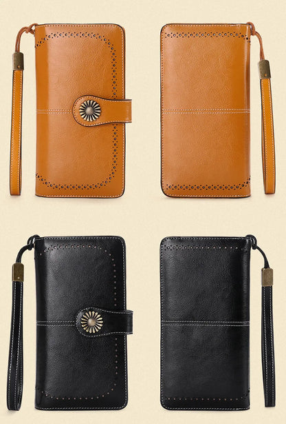 Vintage Large Capacity Women's Purse, Oil wax skin, Multi-card, Long Wallet, Multi-function Zipper Strap, Wrist Strap, New.