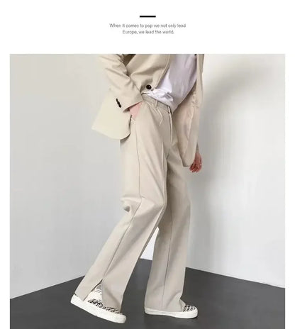 Men's Straight Baggy Casual Pants Korean Slit Personality Suit Trousers Fashion Formal Business Male Streetwear Gray Khaki Black