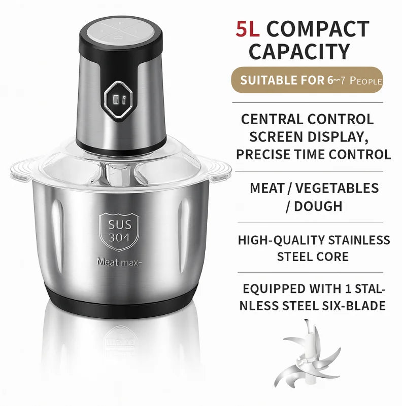 Multifunctional meat grinder 5L 500W stainless steel, kitchen machine, Shredder, 4-step, minced meat/vegetables/Dough.