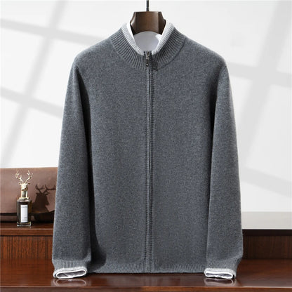 100% Wool Cardigan for Men, Half Turtleneck, Zipper, Color Block, Thickened Sweater, Business Casual Outerwear, Knitted Jacket