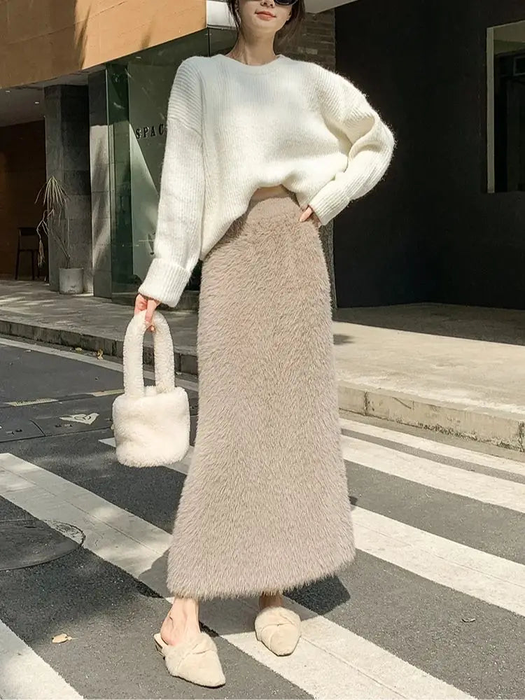 Autumn Winter New Knit Long Skirt Women Casual Thick Korean High Waist Soft A-Line Skirt.