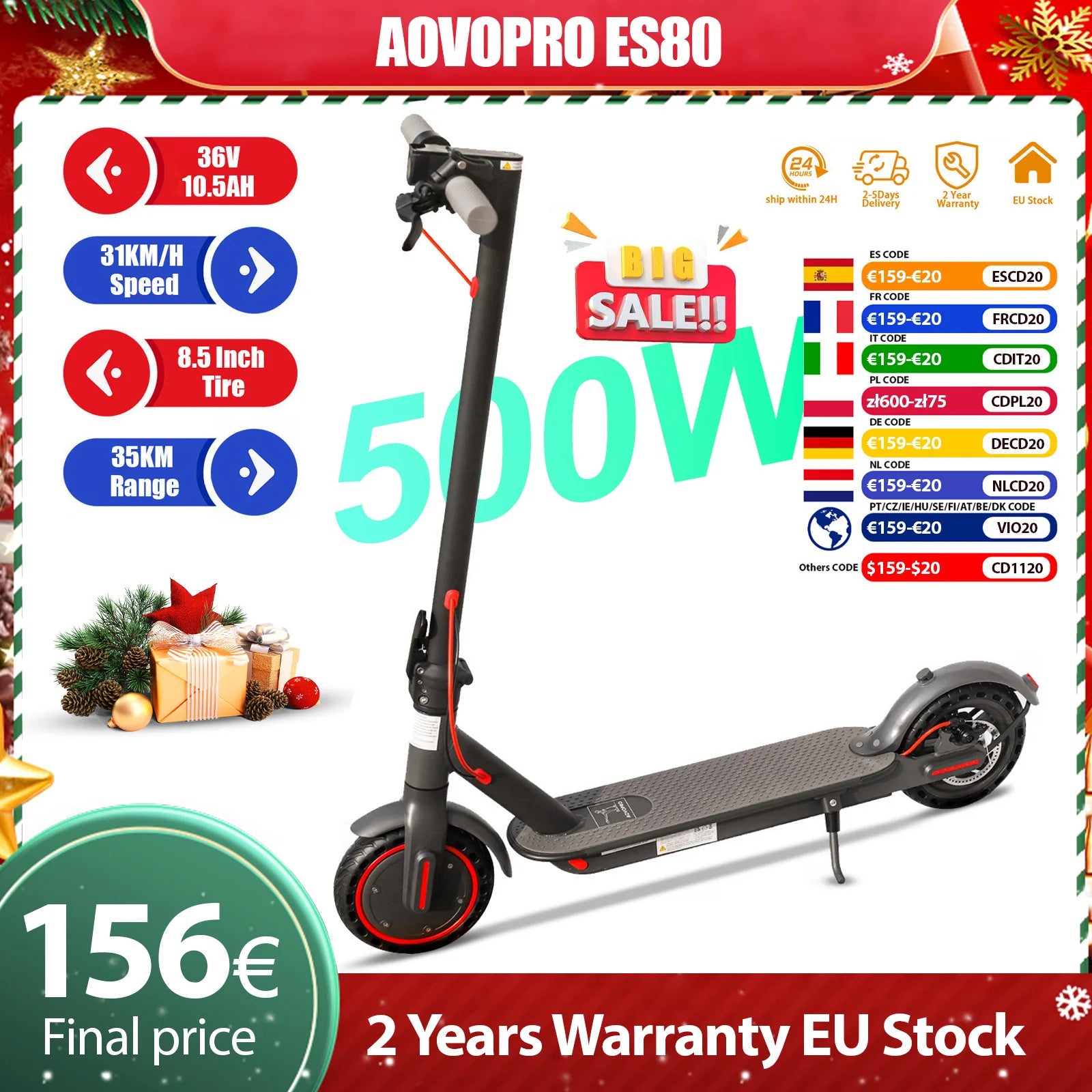 AOVOPRO ES80 500W Electric Scooter for Adults 35KM Long Range 31KM/H Fast Speed Folding Electric Scooter 8.5 Inch Smart Escooter.