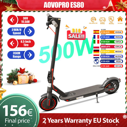 AOVOPRO ES80 500W Electric Scooter for Adults 35KM Long Range 31KM/H Fast Speed Folding Electric Scooter 8.5 Inch Smart Escooter.