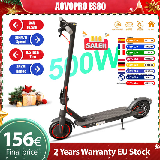 AOVOPRO ES80 500W Electric Scooter for Adults 35KM Long Range 31KM/H Fast Speed Folding Electric Scooter 8.5 Inch Smart Escooter.