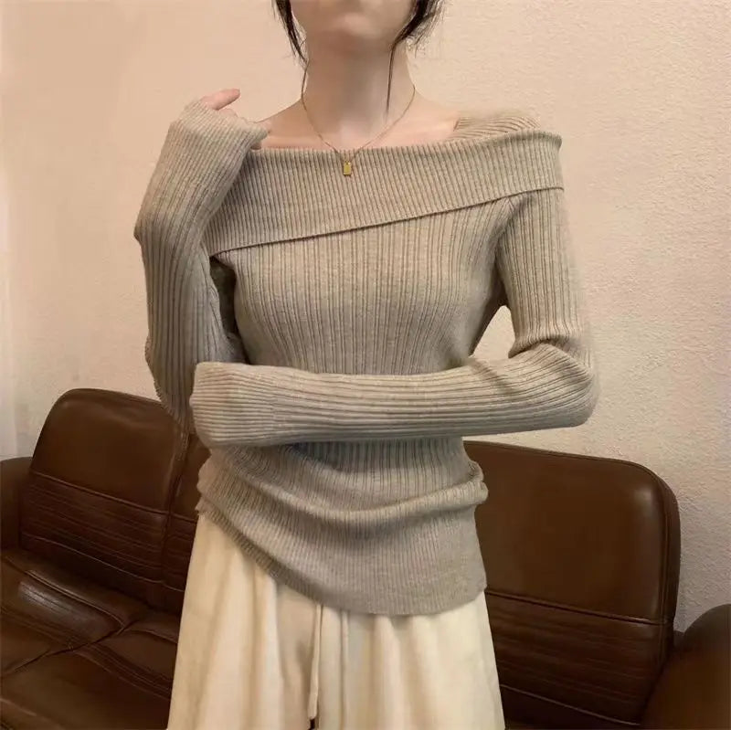 Solide Sexy Schlank Off Schulter Slash Neck Langarm Stricken Pullover Frauen Jumper Büro Mode Neue.