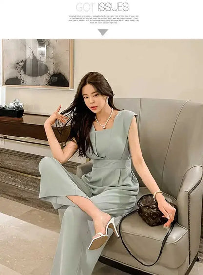 Slimming High Waist Wide Leg Pants Korean Style Fashionable Women's One-Piece Jumpsuit Summer New Arrival Simple Elegant.
