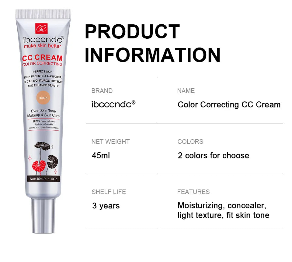 45ml Color Correcting CC Cream Facial Centella Asiatica Repair BB Cream Natural Concealer Whitening Liquid Foundation Cosmetics.
