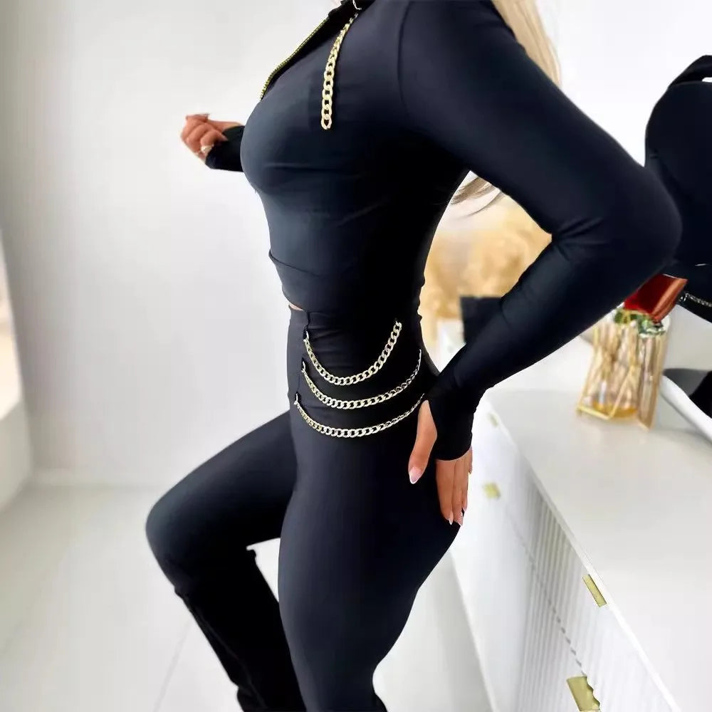Two Piece Pant Sets Women Zipper Jackets Chain Slim Fit Full Sleeve Zipper Coats Solid High Waist Pencil Pants Suits Sporty.