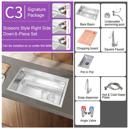 304 Stainless Steel Kitchen Sink Silver Embossed Large Single Slot Home Improvement Multifunction Wash Basin For Kitchen