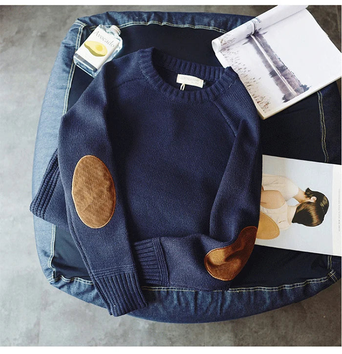 New Men's Pullover with Fashionable Patch Design, Knitted Pullover, Harajuku Street Wear, Thick O-neck Casual Pullover, Wool.