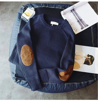 New Men's Pullover with Fashionable Patch Design, Knitted Pullover, Harajuku Street Wear, Thick O-neck Casual Pullover, Wool.