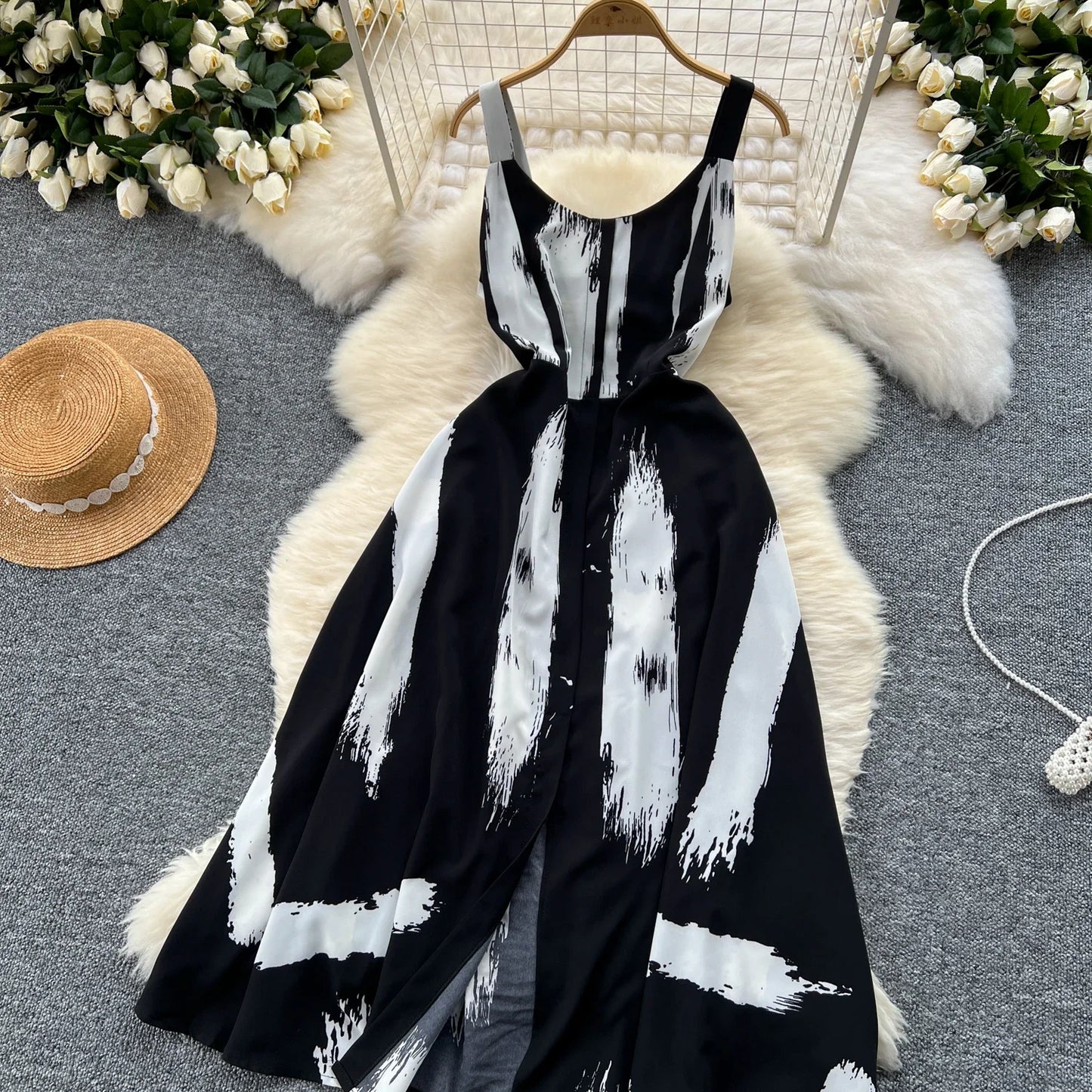 Neue Sommer Druck Süße Kleid Träger O Neck Backless Split Elegante Damen Urlaub Strand Party Midi Sommerkleid.