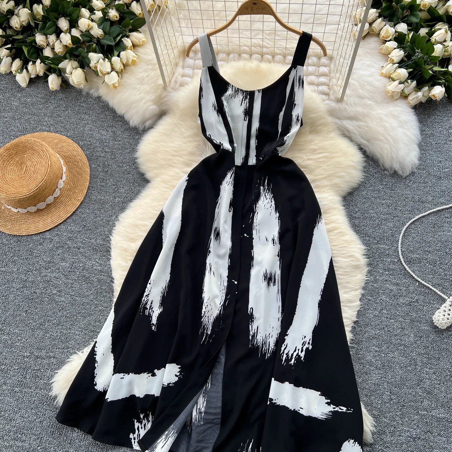 Neue Sommer Druck Süße Kleid Träger O Neck Backless Split Elegante Damen Urlaub Strand Party Midi Sommerkleid.