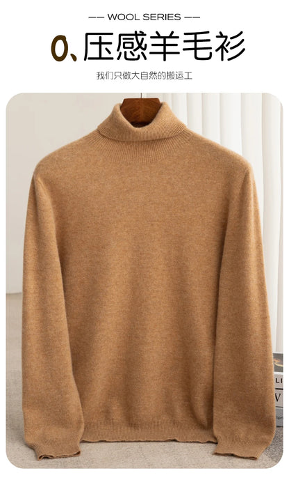 Men 100% Merino Wool Sweater Turtleneck Knitted Pullover Cashmere Warm Solid Color Clothes Business Bottoming Tops Autumn Winter.
