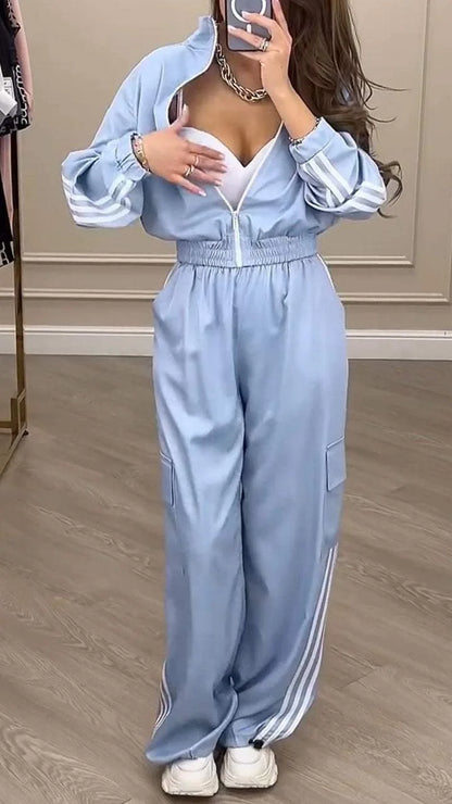 Sports Trousers Loose White Casual Women's Set Fashion Zipper High-waisted Hoodie + Wide-leg Overalls 2-piece Sweatshirt Suit