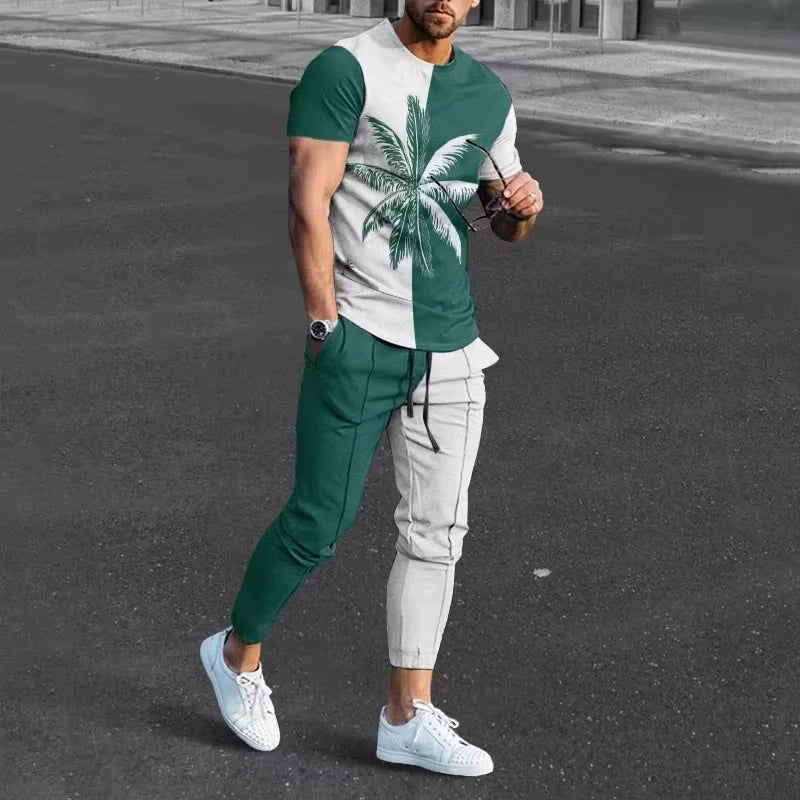 Spring Men Short T-shirt Trousers Suit 3D Printed Newest Retro Casual Men T-shirt Trousers Suit Man Short Sleeve Long Pants Sets.