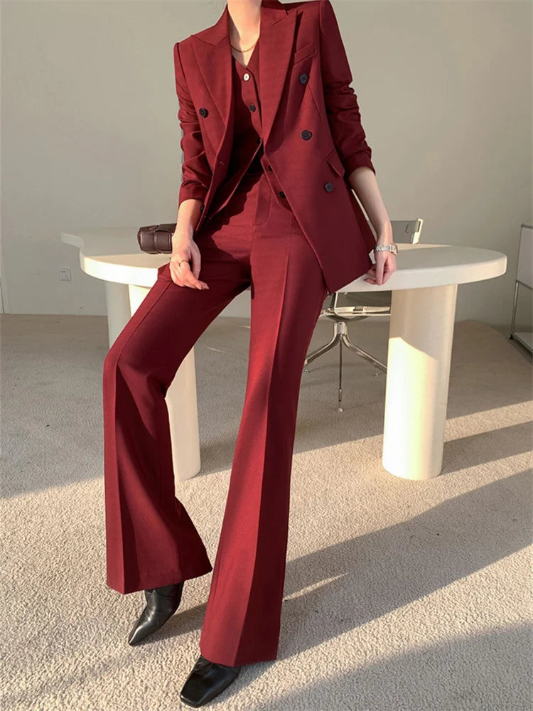 Burgundy Suit Set Women Spring 2023 Office Ladies Lapel Single Breasted Vest Wide Leg Pants Blazer Three Piece Set.