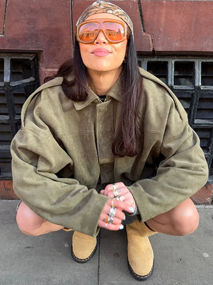 2025 herbst frauen Grün Wildleder Jacke Lose Revers Zipper Langarm Taschen Bomber Mantel Neue Mode Dame Dicke Streetwear.