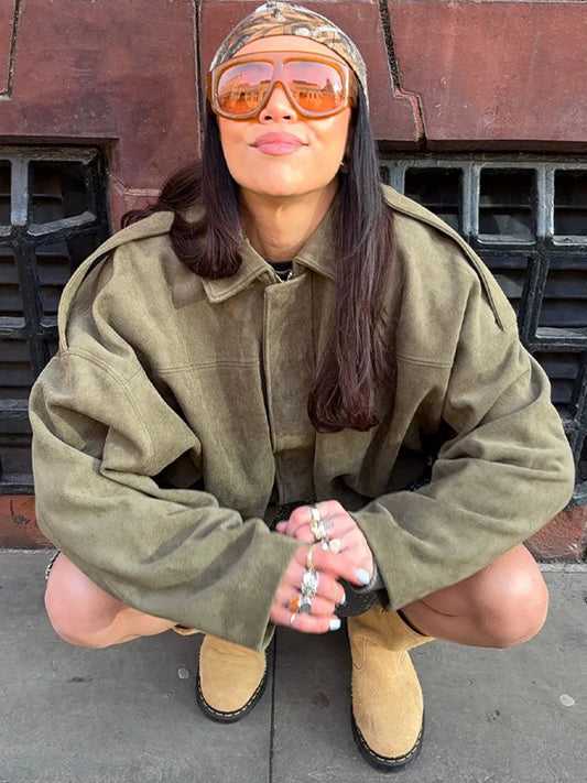 2025 herbst frauen Grün Wildleder Jacke Lose Revers Zipper Langarm Taschen Bomber Mantel Neue Mode Dame Dicke Streetwear.