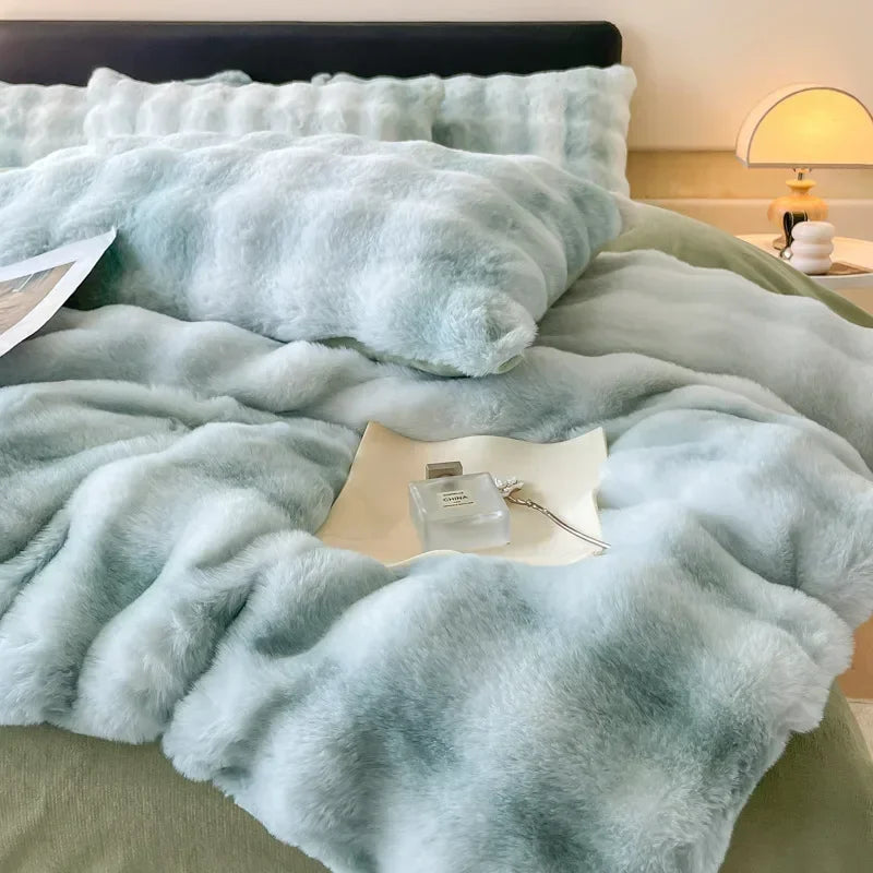 4pcs Grey Rabbit Fur Bedding Set Thick Milk Plush Winter Duvet Cover Warm Bed Sheets, Queen Size Four Piece Set  Bedroom Decor