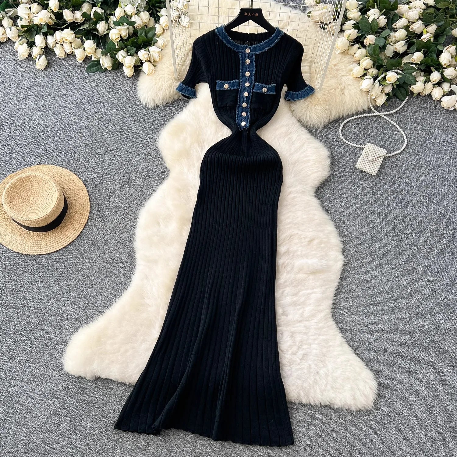 YuooMuoo Chic Mode Sexy Pakete Gestrickte Maxi Kleid Frühling Sommer Vintage Denim Patchwork Lange Pullover Kleid Dame Vestidos.