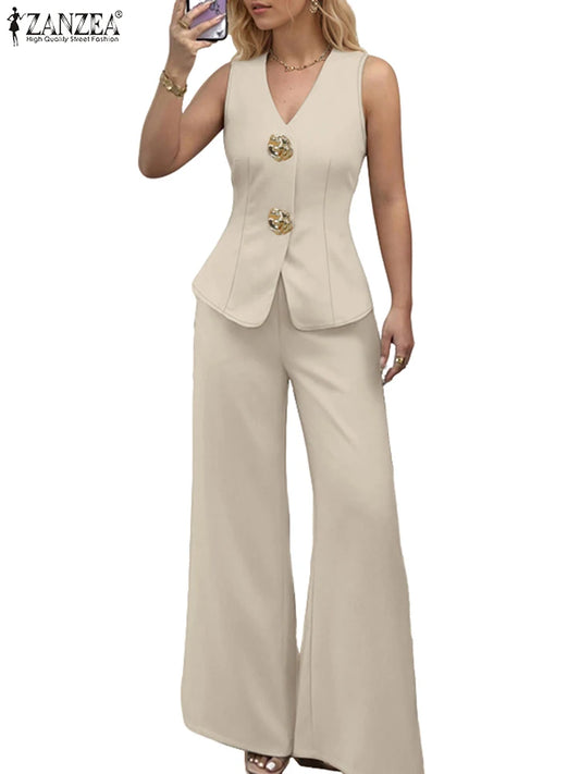 ZANZEA 2025 Summer Outfits Women Fashion Matching Sets V Neck Sleeveless Tanks Tops Trousers Suit 2PCS Solid Work OL Tracksuits.