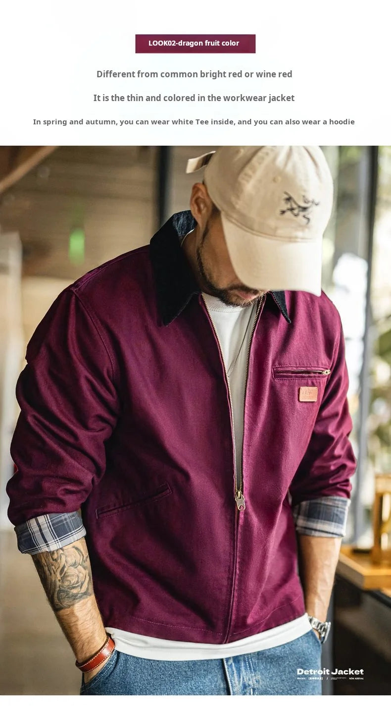 Maden Men's Retro J001 Detroit Jacket Heavyweight Canvas Hunting Coat Lapel Collar Work Jackets with Zipper for Spring Fall