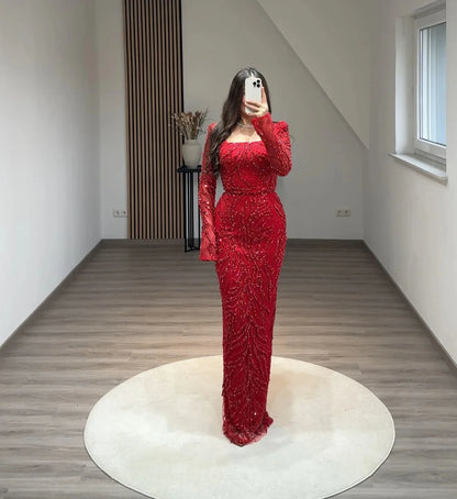 BABYONLINE Maßgeschneidertes Abendkleid All CoPearl Sleeve Full Crystals Etuikleid Abiye.