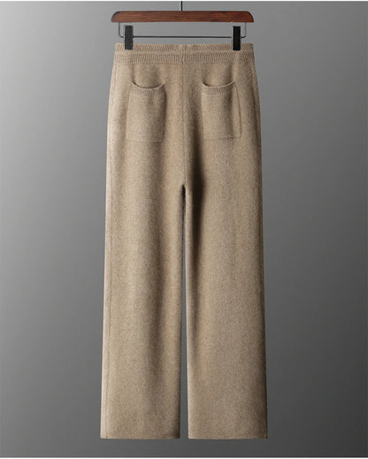 4PINK Thickened 100% Pure Cashmere Pants Men High Waist Knitted Wide Leg Pants Solid Color Lace Up Straight Pants Elastic Waist.