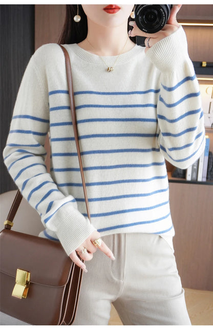 Herbst Winter neue Frauen O-Ausschnitt Farbe Streifen Pullover Wolle Mischung Mode weichen warmen Pullover Kaschmir lose lässig Strick Base Top