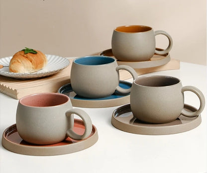 Retro Coarse Pottery Mug and Saucer Combination Japanese Coffee Cup Set Nordic Afternoon Tea Breakfast Cup Latte Coffee Mug.