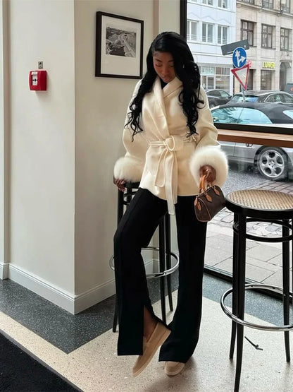 2025 Chic Revers Plüsch Mantel Mit Gürtel Frauen Vintage Feste Faux Pelz Hülse Tweed Offene Mäntel Weibliche Herbst Casual Straße outwear.