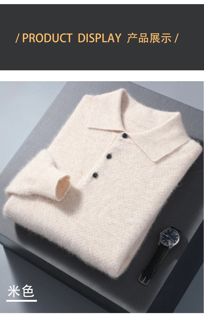 Men's 100% Mink Cashmere Large Size Sweaters Autumn Winter Solid POLO-neck Casual Knit Pullovers Men Long Sleeve Warm Jumper to.