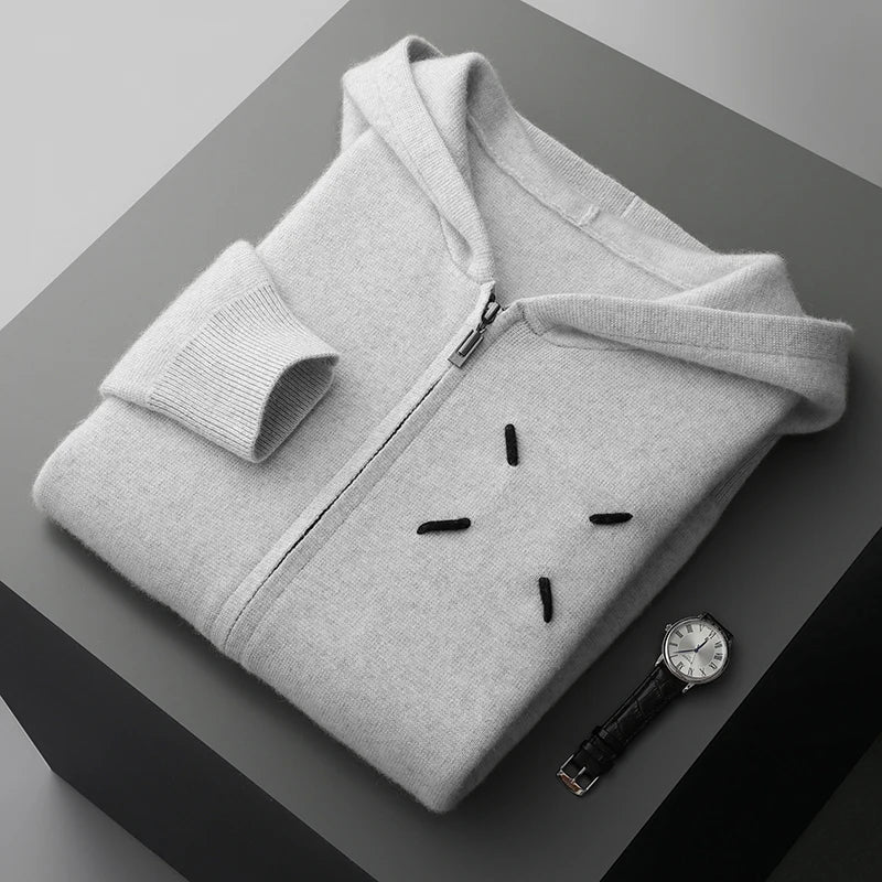 Men's 100% Cashmere Sweater Zipper Hooded Cardigan Warm Air Layer Thickened Jacket Jacquard Casual Knitted Wool Sweater