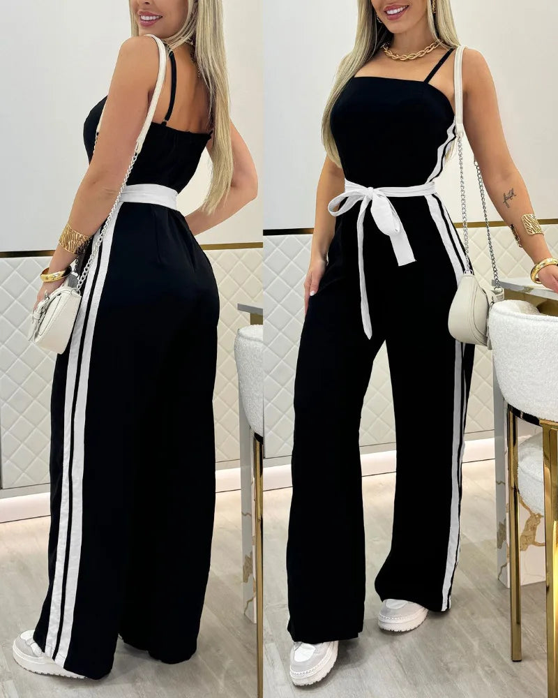 Summer Fashion Striped Camisole Jumpsuit Women Casual Camisole Striped Printed Lace Up Wide Leg Jumpsuit Women.