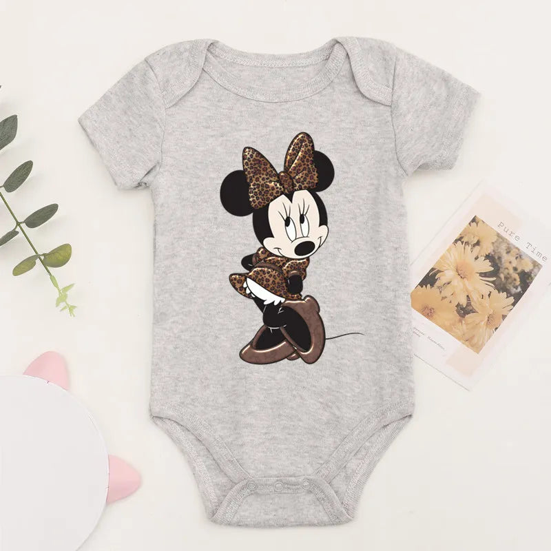 Niedliche Leopard Minnie Maus Disney Newbron Bodys Baby Kleidung Sommer Kurzarm Baumwolle Minnie Kawaii Stram pler Overall