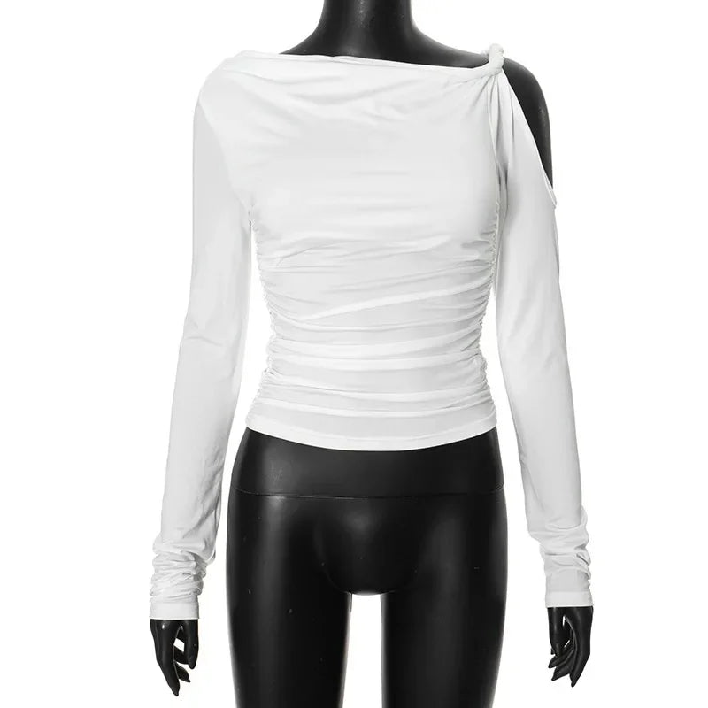 Autumn Asymmetric Single Shoulder Long Sleeve Pleated Solid Color New Style YTP Women's Top Asymmetrical Neckline T-shirt.