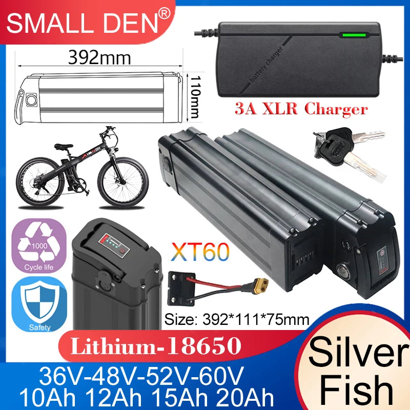 Silver Fish 36V/48V/52V/60V 10Ah 12Ah 15Ah 20A Lithium battery pack For 250W-1800W Folding E-two wheeler Handheld+3A XLR Charger.