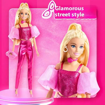 Genuine Barbie Deluxe Style Dolls Pink Dress Outfit Blond Hair Knot Bow Accessories Toys For Girls Sweet Birthday Gift In Stock.