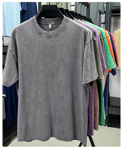 Personality washed vintage short sleeve T-shirt high-end 100% pure cotton men fashion round neck comfort lightweight casual top