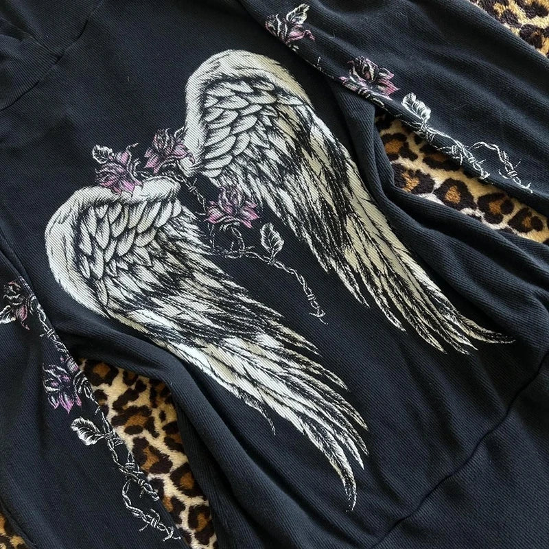 00s Aesthetic Vintage Jacket Y2k Grunge Zip Up Sweatshirt Flower Wings Print Slim Fit Hoodies E-girl Gothic Cool Street Outwear.