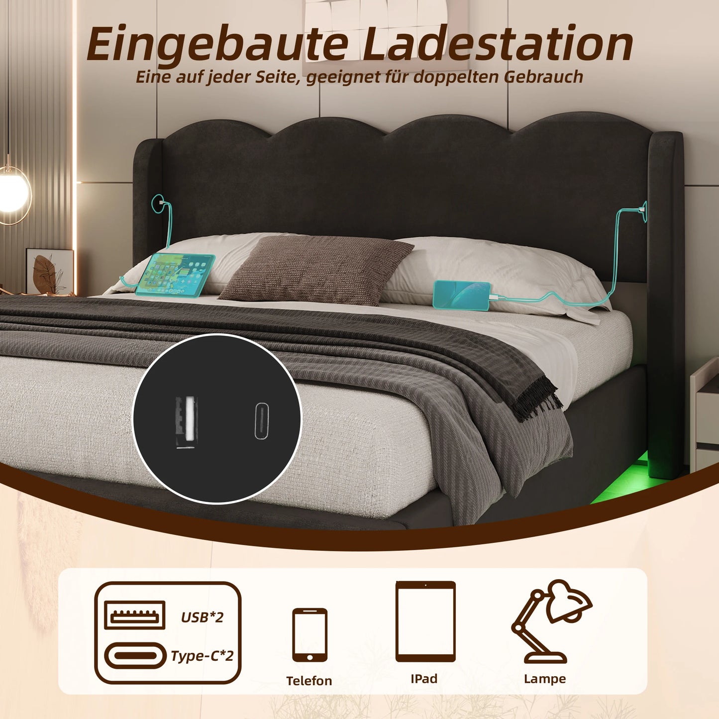 Gepolstertes Doppelbettrahmenpaneel, flache Nudelrahmenhalterung aus Wellpappe, mit LED-Licht, USB+C-Schnittstellenaufladung, 160 cm × 200 cm