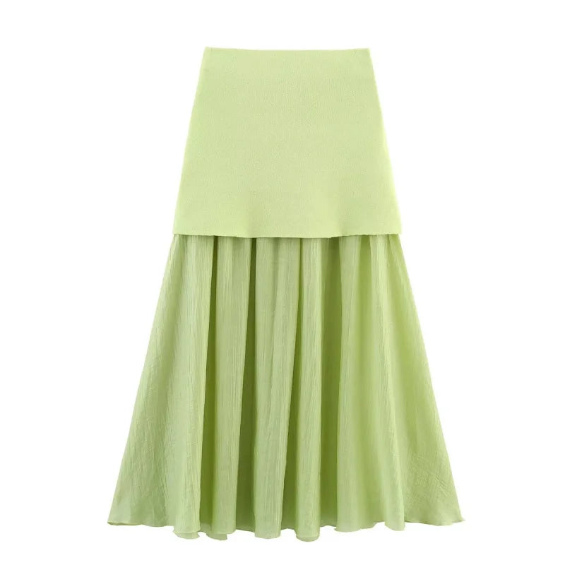 ETJ 2025 spring new  women's elegant fashion same color splicing small pleated hem high waist knit skirt