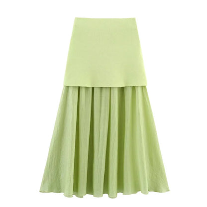 ETJ 2025 spring new  women's elegant fashion same color splicing small pleated hem high waist knit skirt