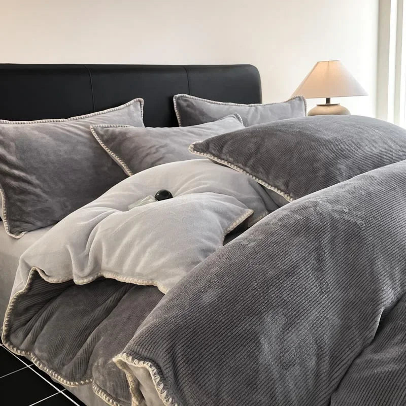2024 new matte thin strip shell edge winter bed four-piece set milk fleece coral fleece thickened warm bed sheet quilt cover.