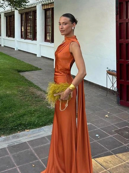 Band hängenden Hals lange Kleider schräg Schulter schnüren rücken frei seidig Satin Temperament Slim Fit Neck holder Frau Fischschwanz Kleid